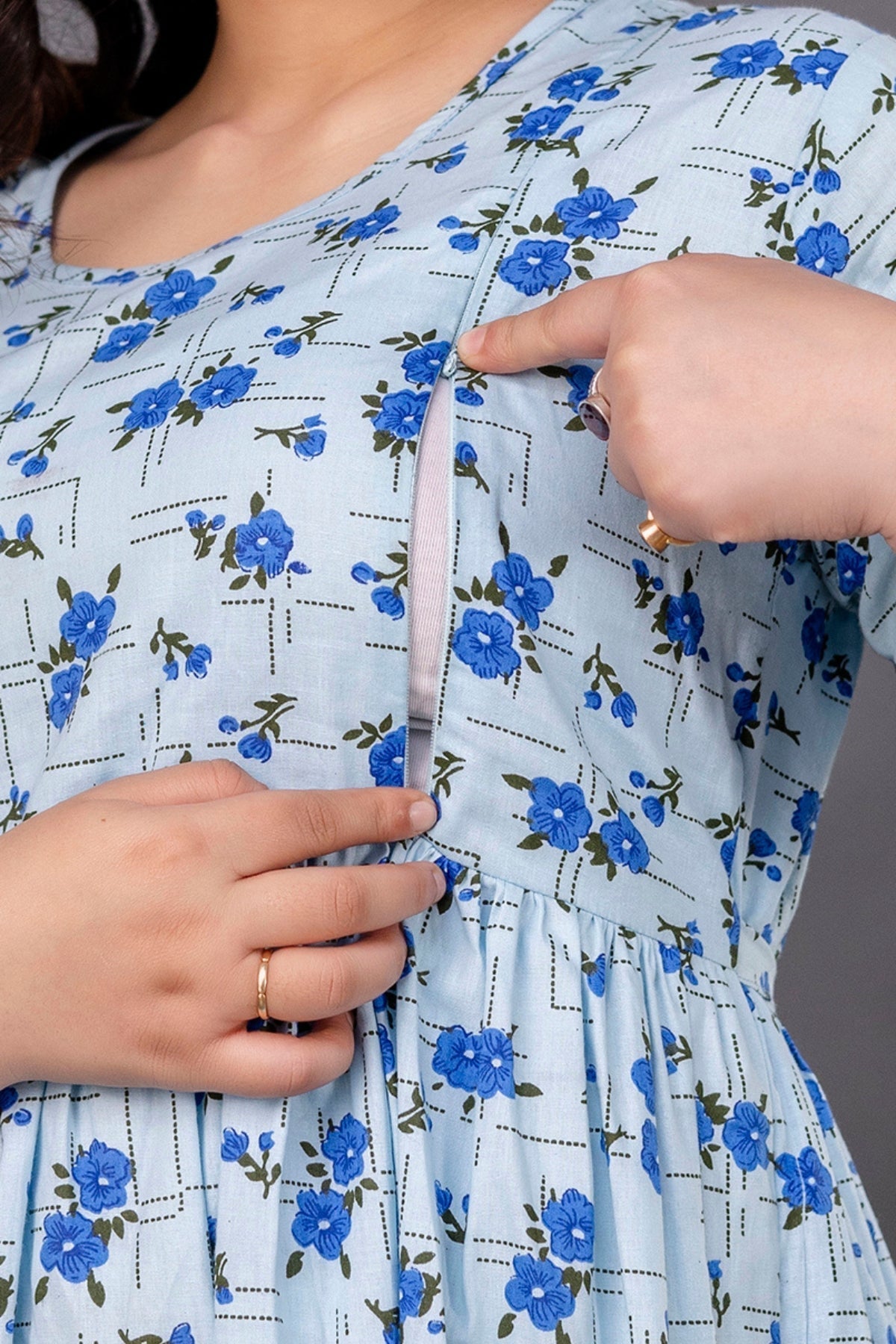 Pure Cotton Maternity Dress With Both-Side Hidden Zip - Floral Blue