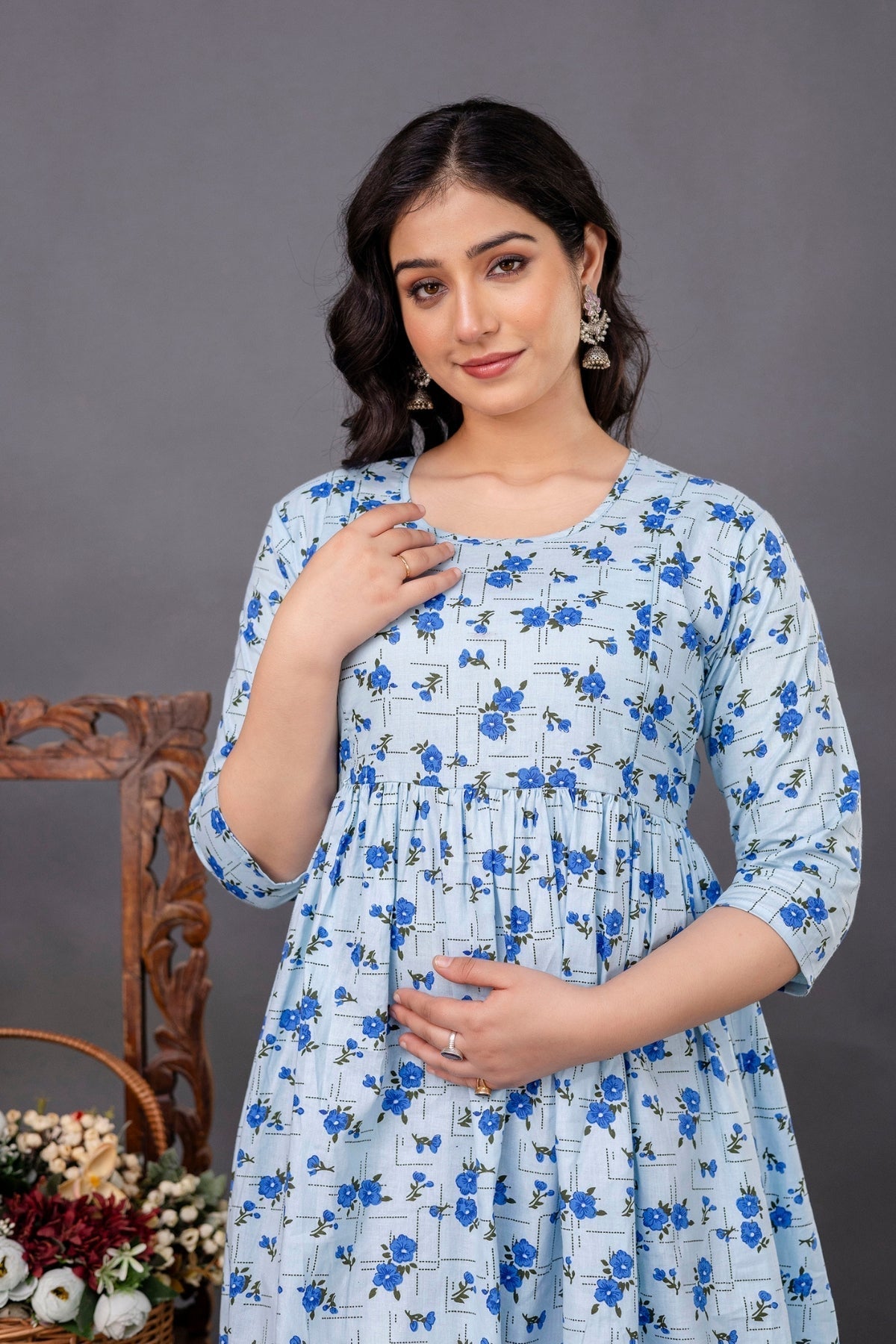 Pure Cotton Maternity Dress With Both-Side Hidden Zip - Floral Blue